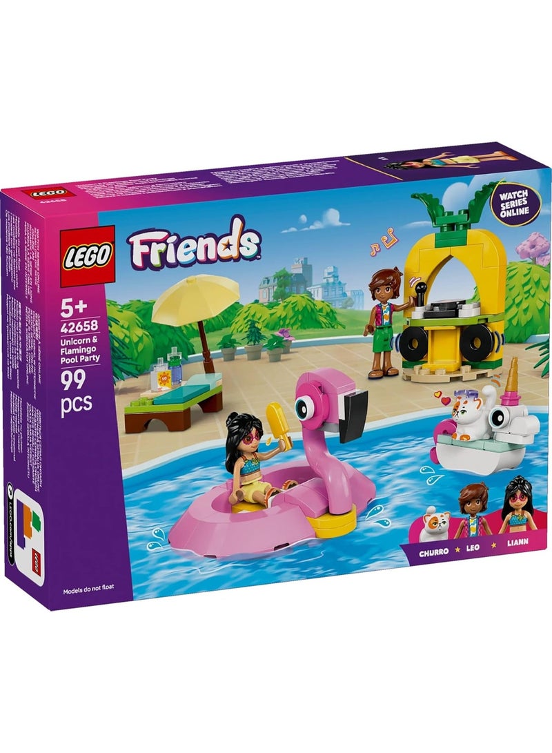 LEGO لعبة حفلة بركة اليونيكورن والفلامنجو من LEGO Friends مع عوامات الحيوانات، دميتين صغيرتين، تشورو القط وإكسسوارات تشمل منصة دي جي وكراسي شمس - هدية إبداعية للفتيات من عمر 5 سنوات فما فوق - 42658 - Image 5